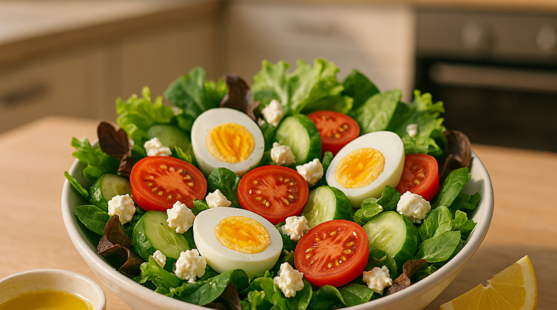 fotorealistisches 4k beitragsbild für einen rezeptartikel „rasanter salat mit ei und feta – schnell,