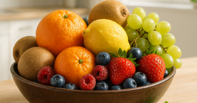 fotorealistisches 4k bild einer obstschale mit bunten früchten auf einem hellen holztisch. die schal