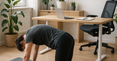 fotorealistisches 4k bild einer person im homeoffice, die rückentraining macht. die szene zeigt ein