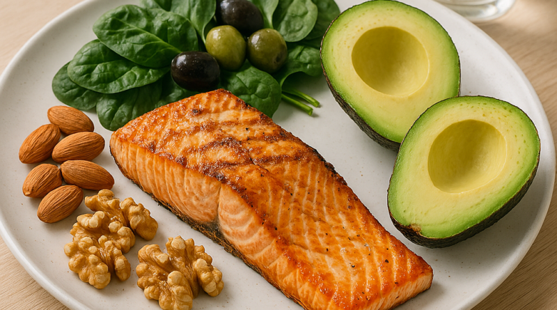 fotorealistisches 4k bild einer ketogenen mahlzeit auf einem hellen holztisch. das gericht besteht a