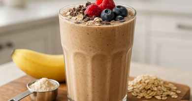 fotorealistisches 4k bild eines protein smoothies in einem hohen glas auf einem holzbrett. der smoot