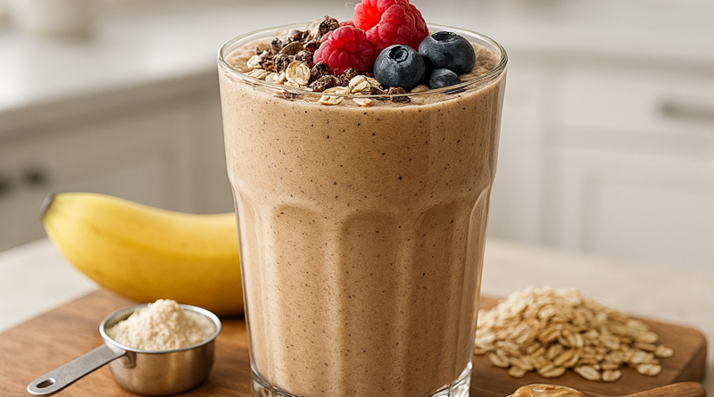 fotorealistisches 4k bild eines protein smoothies in einem hohen glas auf einem holzbrett. der smoot