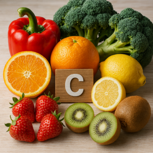 Vitamin C (Ascorbinsäure) fotorealistisches 4k bild von vitamin c reichen lebensmitteln. darstellung frisches obst und gemüse