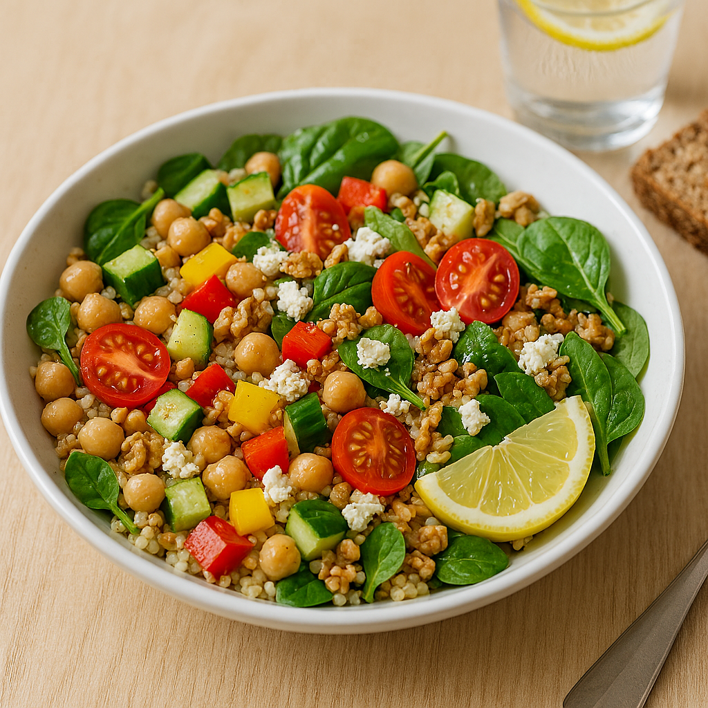 fotorealistisches bild eines frischen power salats in einer flachen weißen schale, angerichtet auf e